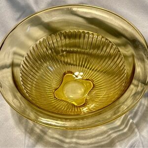 Vtg Federal Glass Amber/Yellow Ribbed Serving Bowl Star Base 10” Depression Era